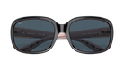 Sunglasses with black frame and gray lenses on a white background