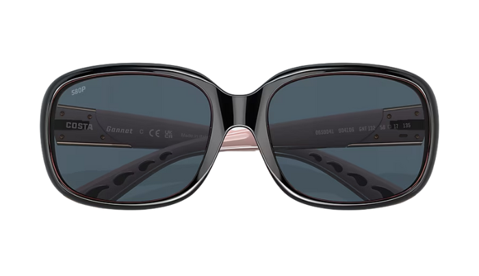 Sunglasses with black frame and gray lenses on a white background