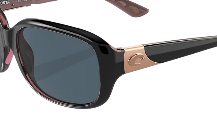 Sunglasses with black frame and gray lenses on a white background