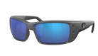 Matte Gray Costa wraparound sunglasses with blue lenses on a white background
