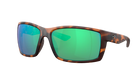 Tortoise shell Costa sunglasses with green mirror lenses on a white background