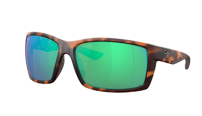 Tortoise shell Costa sunglasses with green mirror lenses on a white background