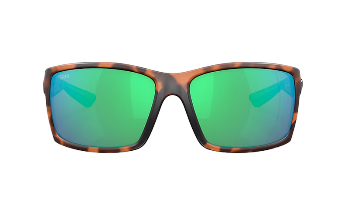 Tortoise shell Costa sunglasses with green mirror lenses on a white background