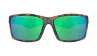 Tortoise shell Costa sunglasses with green mirror lenses on a white background