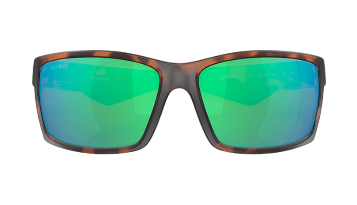 Tortoise shell Costa sunglasses with green mirror lenses on a white background