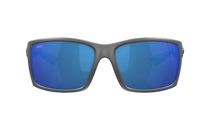 Matte Gray Costa sunglasses with blue lenses on a white background