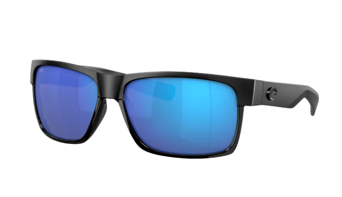 Costa Sunglasses with blue lenses and black frame on a white background
