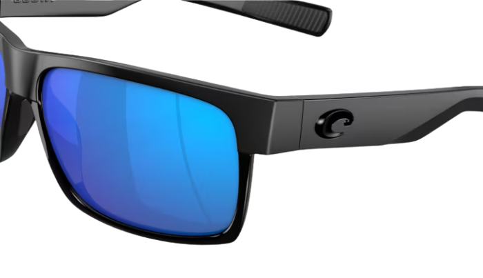 Costa Sunglasses with blue lenses and black frame on a white background