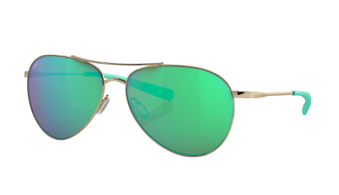 Costa Aviator sunglasses with green reflective lenses on a white background