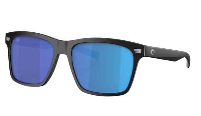 Costa Sunglasses with blue lenses and black frame on a white background