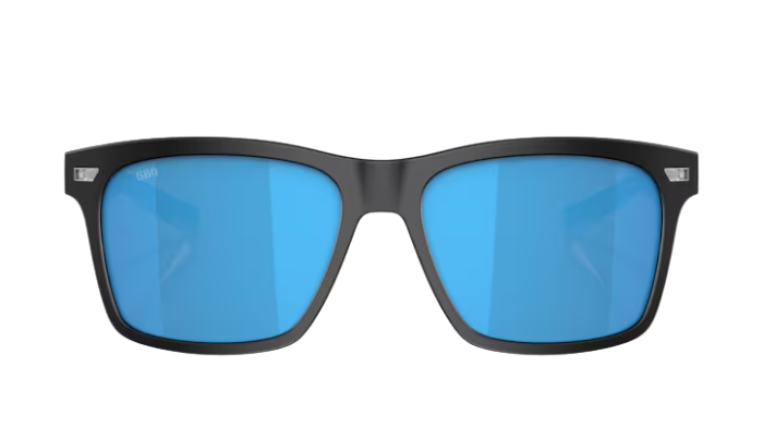 Costa Sunglasses with blue lenses and black frame on a white background