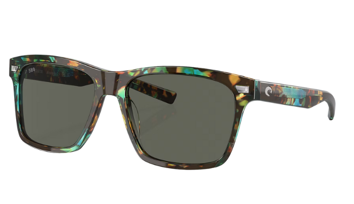 Costa Sunglasses with shiny ocean tortoiseshell frame and gray lenses on a white background