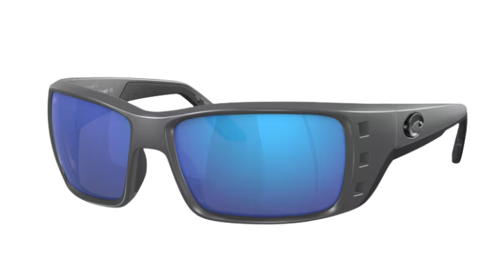 Matte Gray Costa wraparound sunglasses with blue lenses on a white background