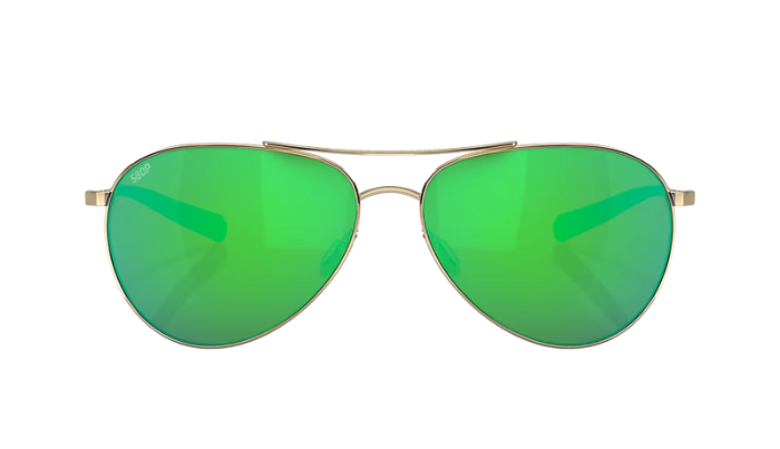 Costa Aviator sunglasses with green reflective lenses on a white background