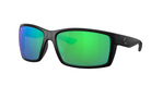 Black Costa sunglasses with green lenses on a white background