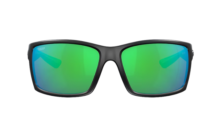 Black Costa sunglasses with green lenses on a white background