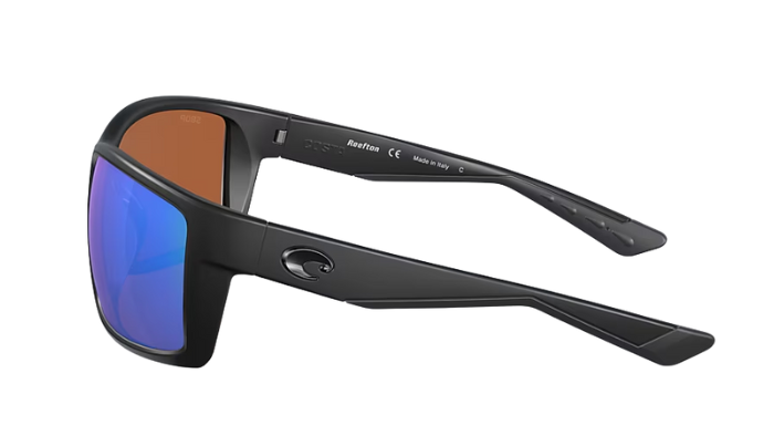 Black Costa sunglasses with green lenses on a white background