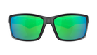 Black Costa sunglasses with green lenses on a white background