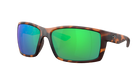 Tortoise shell Costa sunglasses with green mirror lenses on a white background