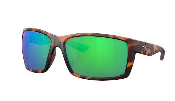 Tortoise shell Costa sunglasses with green mirror lenses on a white background