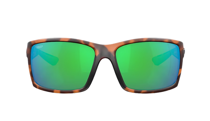 Tortoise shell Costa sunglasses with green mirror lenses on a white background