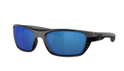 Black Costa sunglasses with blue lenses on a white background