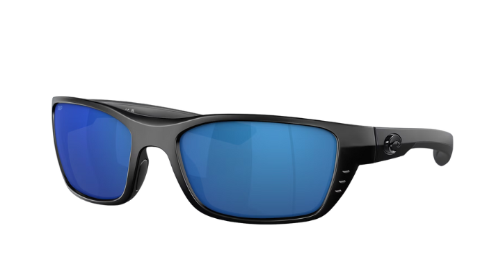 Black Costa sunglasses with blue lenses on a white background