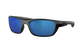 Black Costa sunglasses with blue lenses on a white background