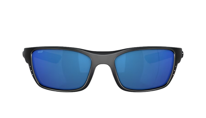 Black Costa sunglasses with blue lenses on a white background