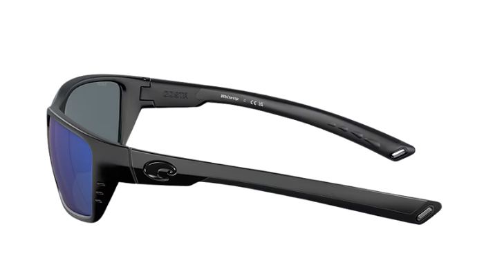 Black Costa sunglasses with blue lenses on a white background