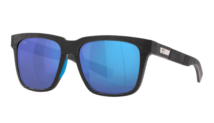 Costa Sunglasses with blue reflective lenses and black frame on a white background