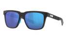 Costa Sunglasses with blue reflective lenses and black frame on a white background