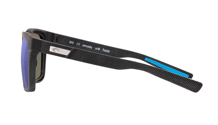 Black sunglasses with blue accents on a white background