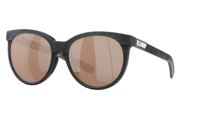 Costa Sunglasses with black frame and brown lenses on a white background