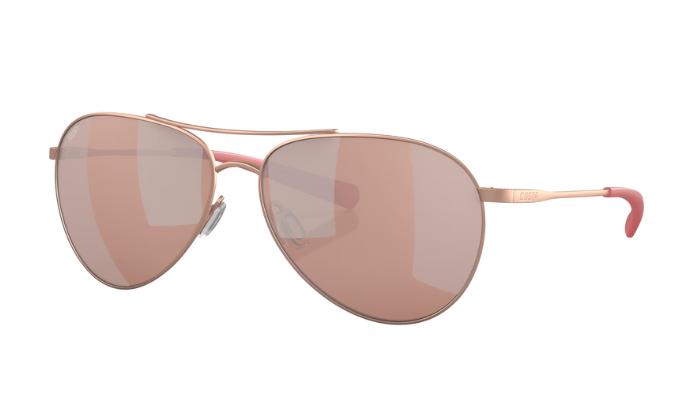 Costa Aviator sunglasses with rose gold frame and copper silver mirror lenses on a white background