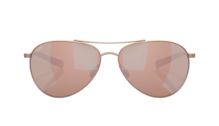 Costa Aviator sunglasses with rose gold frame and copper silver mirror lenses on a white background