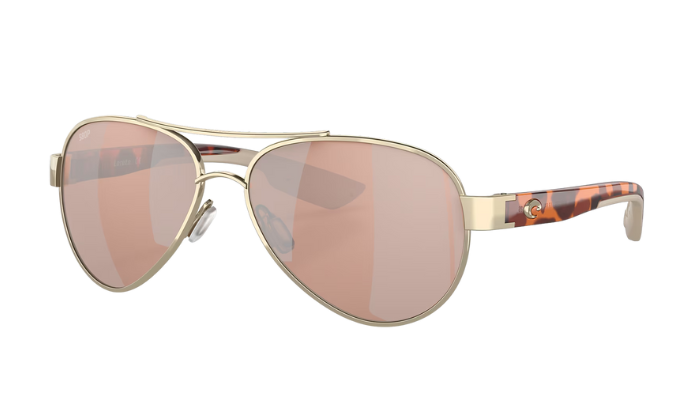 Gold-framed Costa aviator sunglasses with rose gold lenses on a white background