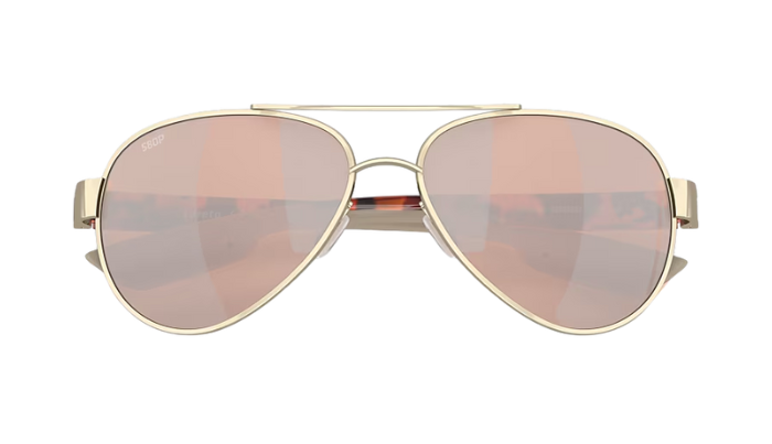 Gold-framed Costa aviator sunglasses with rose gold lenses on a white background