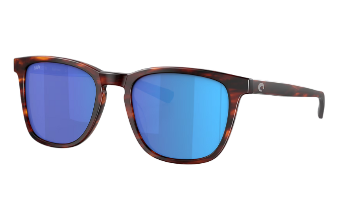 Costa Sunglasses with tortoiseshell frame and blue lenses on a white background
