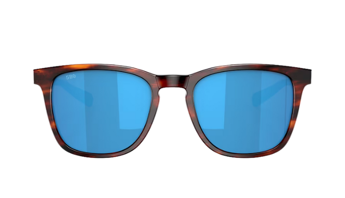 Costa Sunglasses with tortoiseshell frame and blue lenses on a white background
