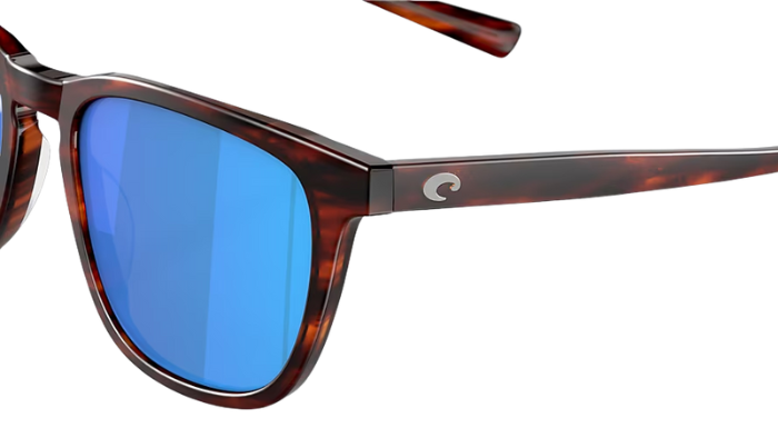 Costa Sunglasses with tortoiseshell frame and blue lenses on a white background