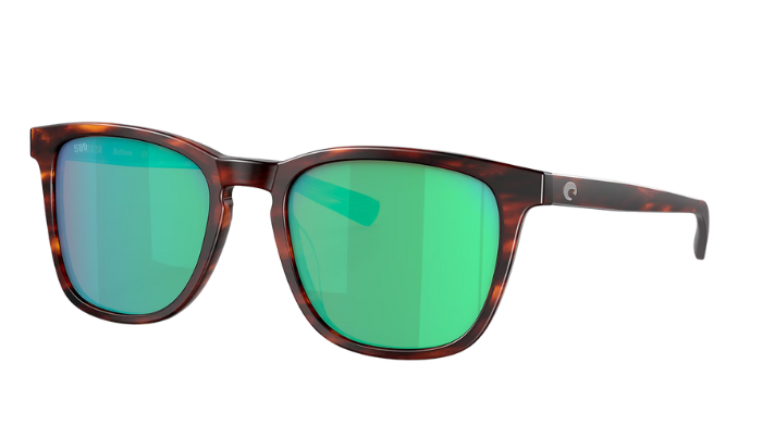 Costa Sunglasses with tortoiseshell frame and green lenses on a white background