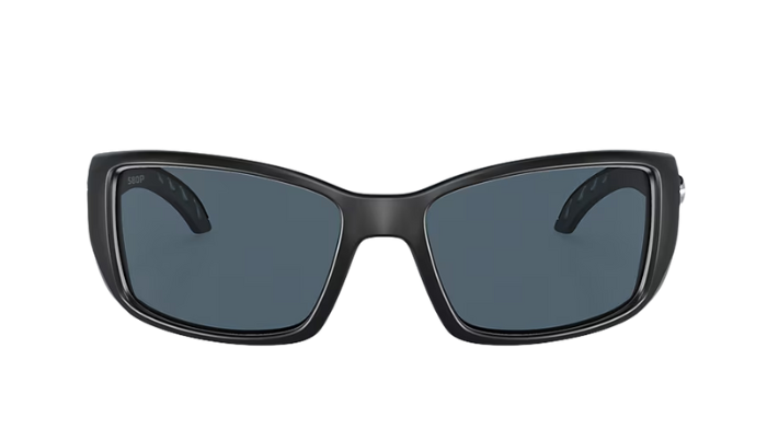 Black Costa wraparound sunglasses with gray lenses and a visible Costa brand logo on a white background