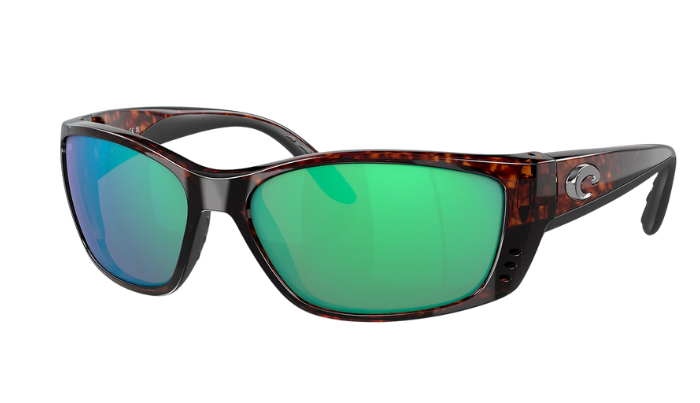 Costa Sunglasses with green lenses and tortoiseshell frame on a white background
