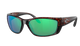 Costa Sunglasses with green lenses and tortoiseshell frame on a white background