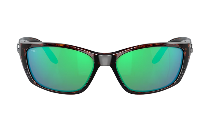 Costa Sunglasses with green lenses and tortoiseshell frame on a white background
