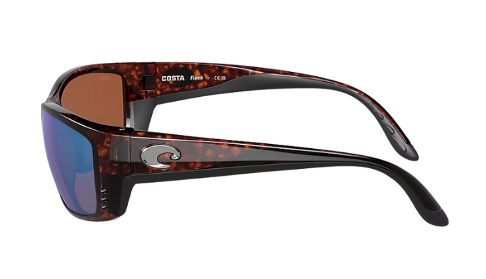 Costa Del Mar sunglasses with tortoiseshell frame and brown lenses on a white background