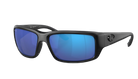Black Costa wraparound sunglasses with blue lenses on a white background