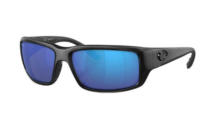 Black Costa wraparound sunglasses with blue lenses on a white background