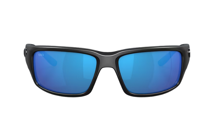 Black Costa wraparound sunglasses with blue lenses on a white background
